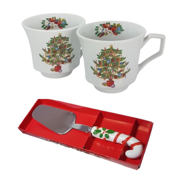 TIENSHAN (Fairfield) Fine China Mugs Teacups Christmas Tree & Cake Lifter - Picture 16 of 16